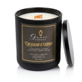 A black glass jar candle with a matching black lid leaning against it on a white background. The front label reads Grace Street Candle and Crenshaw & Vernon, with white wax visible at the top and a small wooden wick.